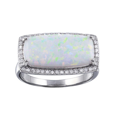 Sterling Silver Rhodium Plated Rectangular Opal Stone with CZ Ring