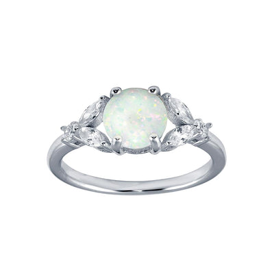 Sterling Silver Rhodium Plated Flower Shank Square Opal Stone Ring
