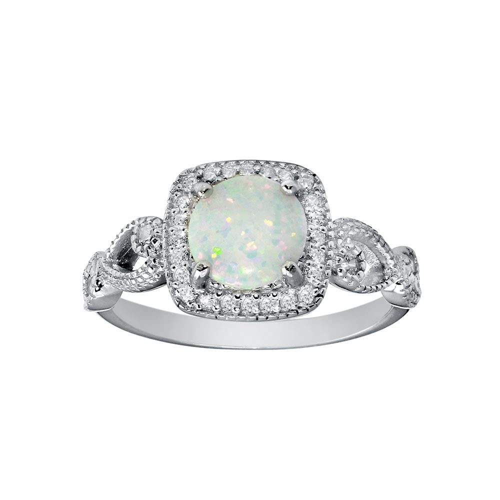 Sterling Silver Rhodium Plated Infinite Shank Square Opal Stone Ring