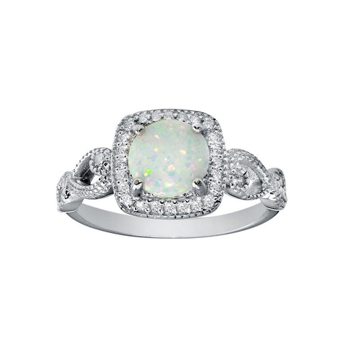 Sterling Silver Rhodium Plated Infinite Shank Square Opal Stone Ring