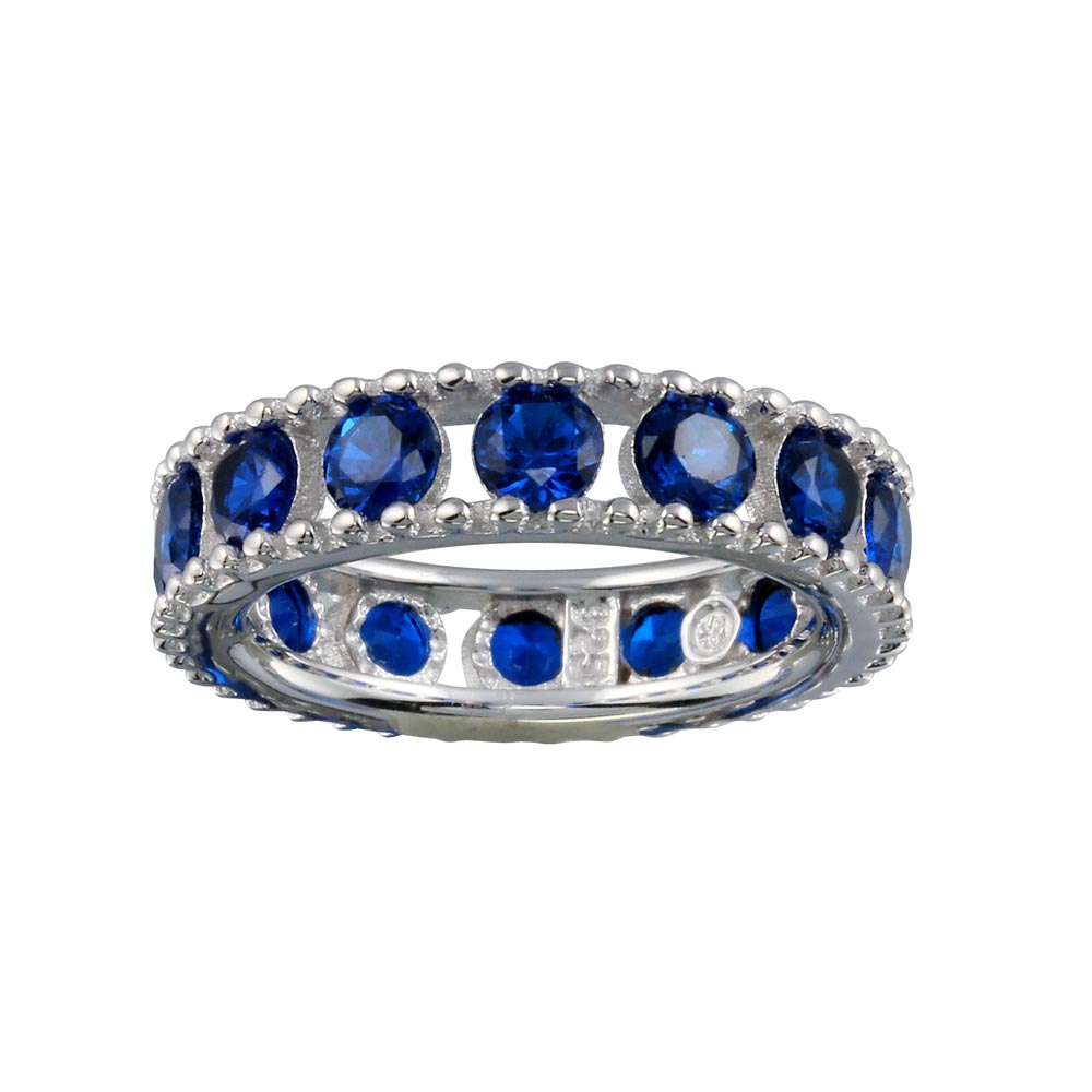 Sterling Silver Rhodium Plated Round Blue CZ Band