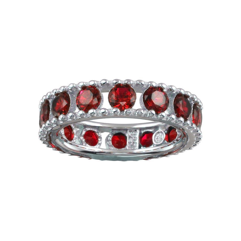 Sterling Silver Rhodium Plated Round Red CZ Band - silverdepot