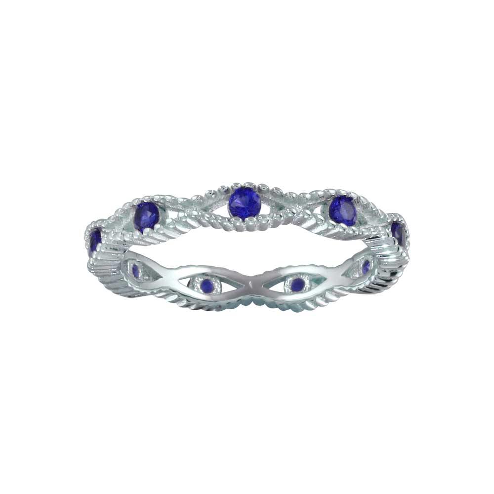 Sterling Silver Rhodium Plated Intersecting Waves Blue CZ Ring