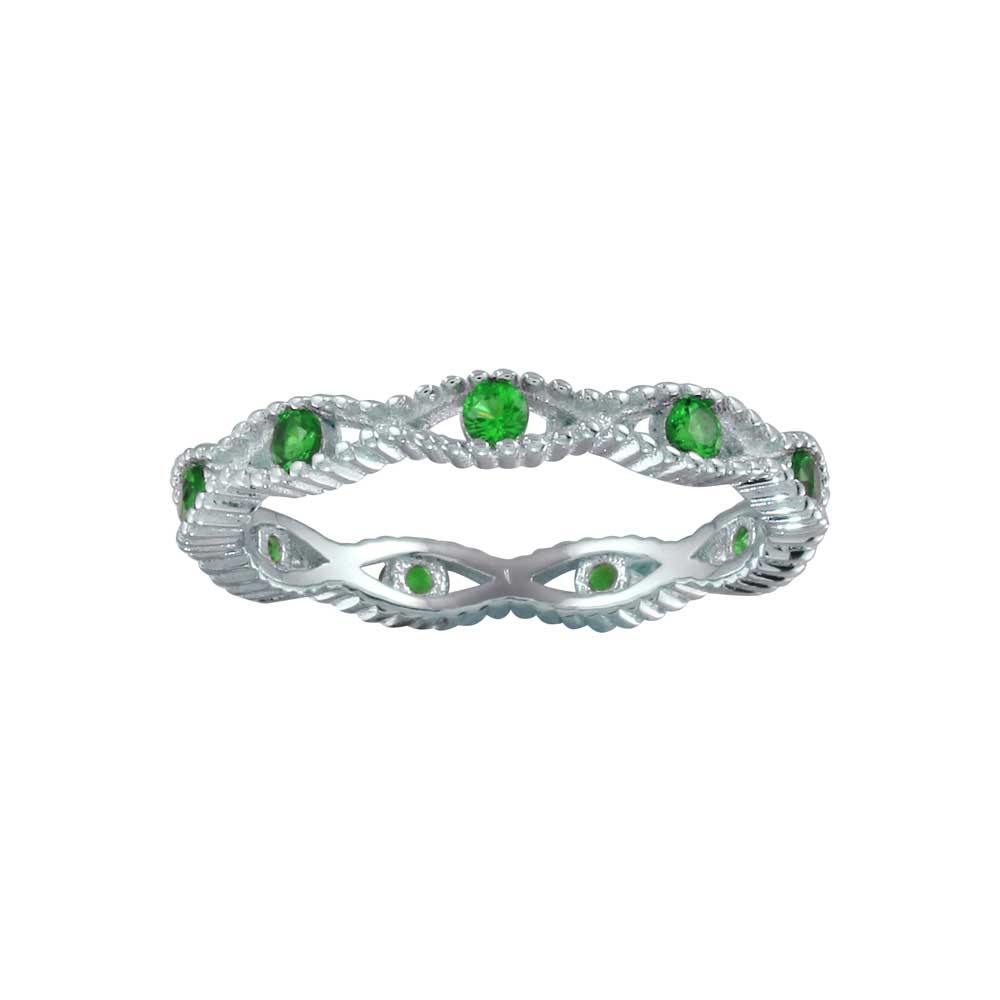 Sterling Silver Rhodium Plated Intersecting Waves Green CZ Ring - silverdepot