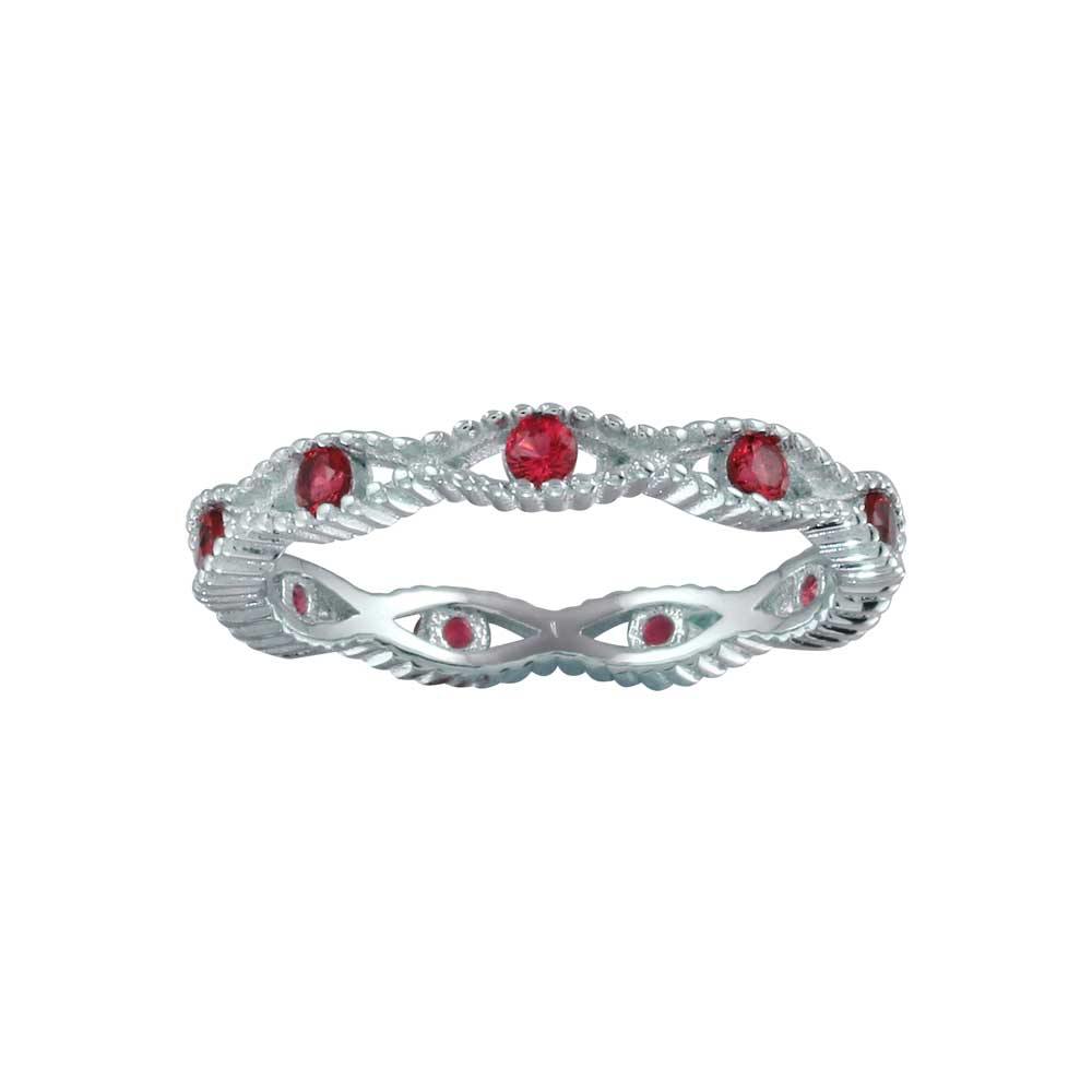 Sterling Silver Rhodium Plated Intersecting Waves Red CZ Ring - silverdepot