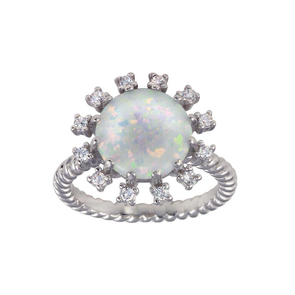 Sterling Silver Rhodium Plated Round Flower Opal Stone Ring