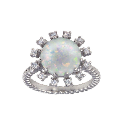 Sterling Silver Rhodium Plated Round Flower Opal Stone Ring - silverdepot