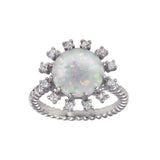 Sterling Silver Rhodium Plated Round Flower Opal Stone Ring