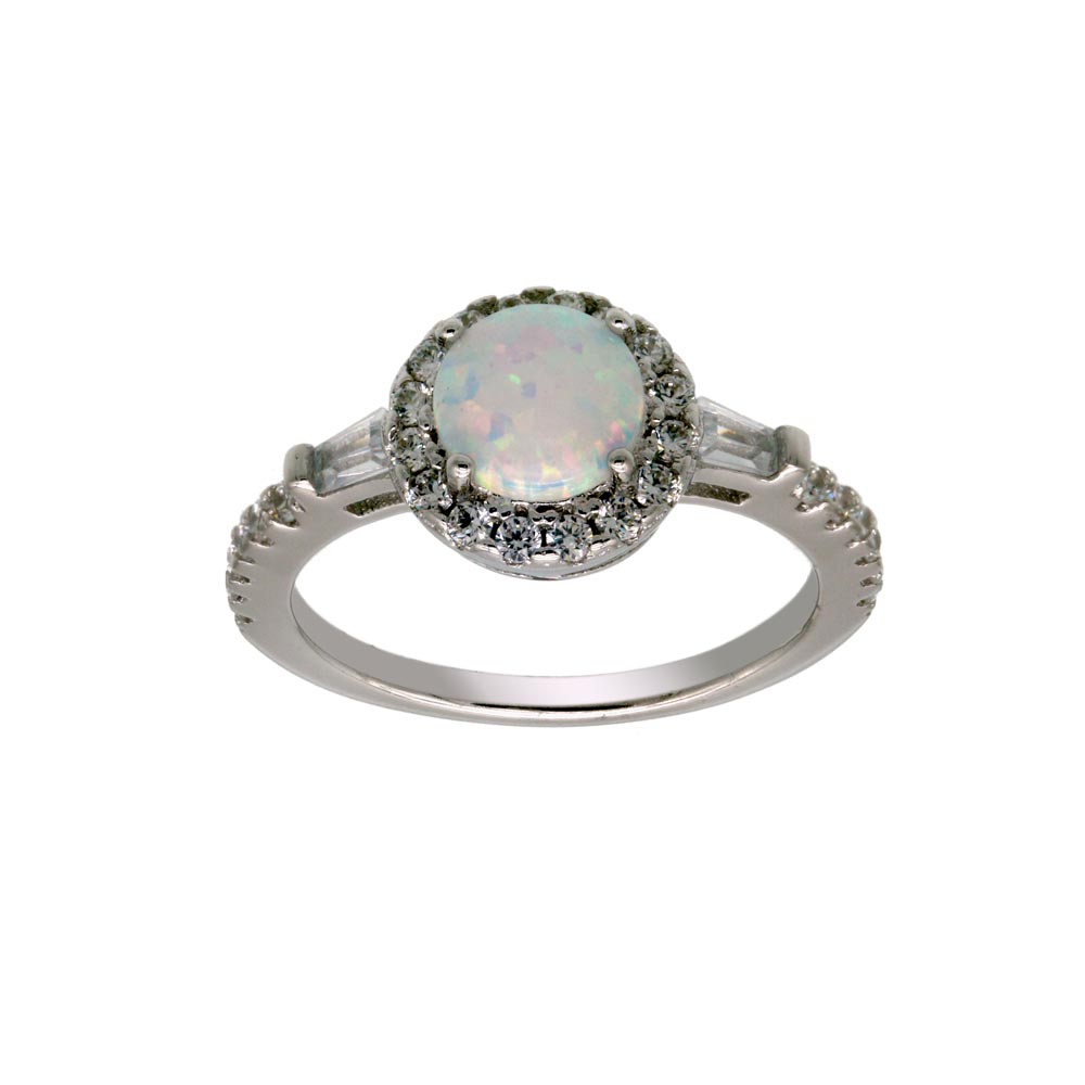 Sterling Silver Rhodium Plated Round Halo Opal CZ Ring