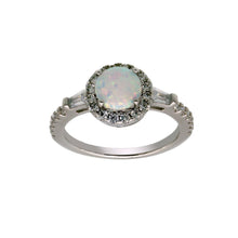 Load image into Gallery viewer, Sterling Silver Rhodium Plated Round Halo Opal CZ Ring