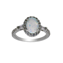 Load image into Gallery viewer, Sterling Silver Rhodium Plated Oval Halo Opal CZ Ring