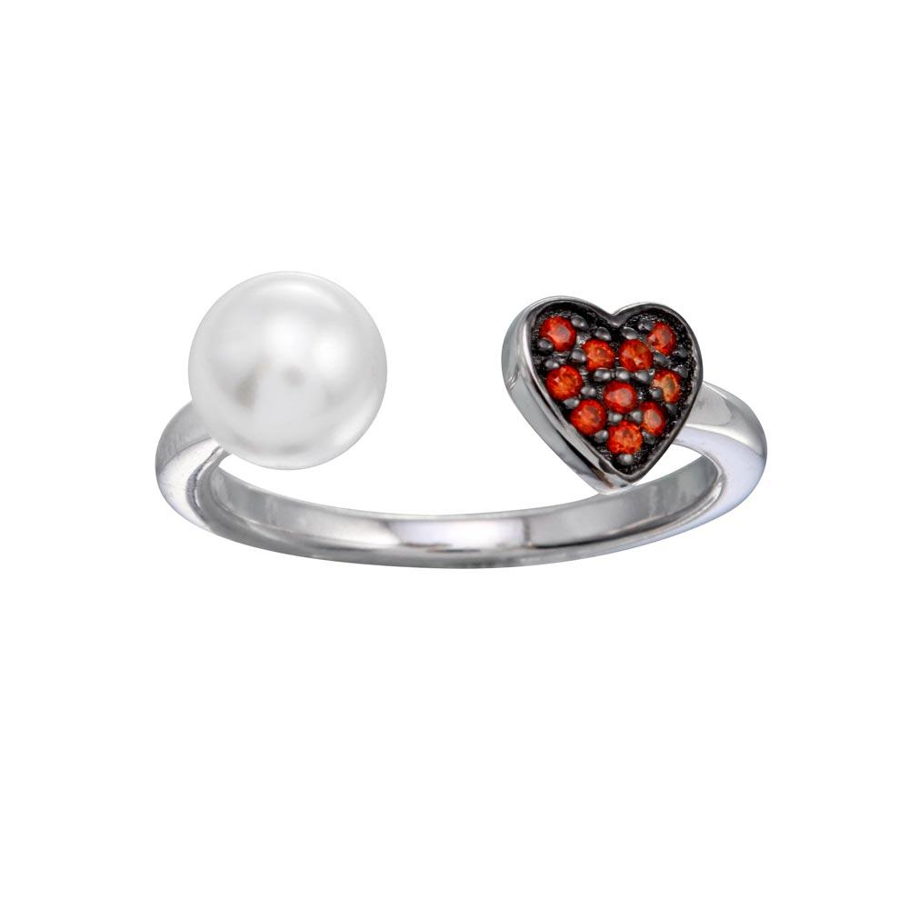 Sterling Silver Open End Synthetic Pearl CZ Heart Ring