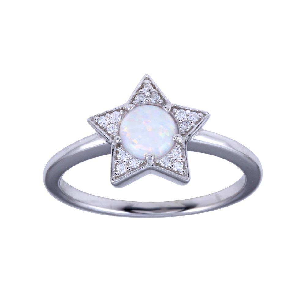 Sterling Silver Rhodium Plated Opal Stone Star With CZ Ring