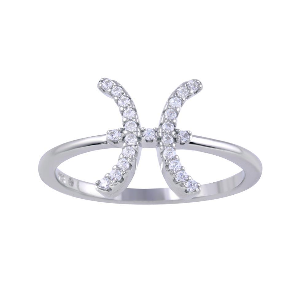 Sterling Silver Rhodium Plated Pisces CZ Zodiac Sign Ring