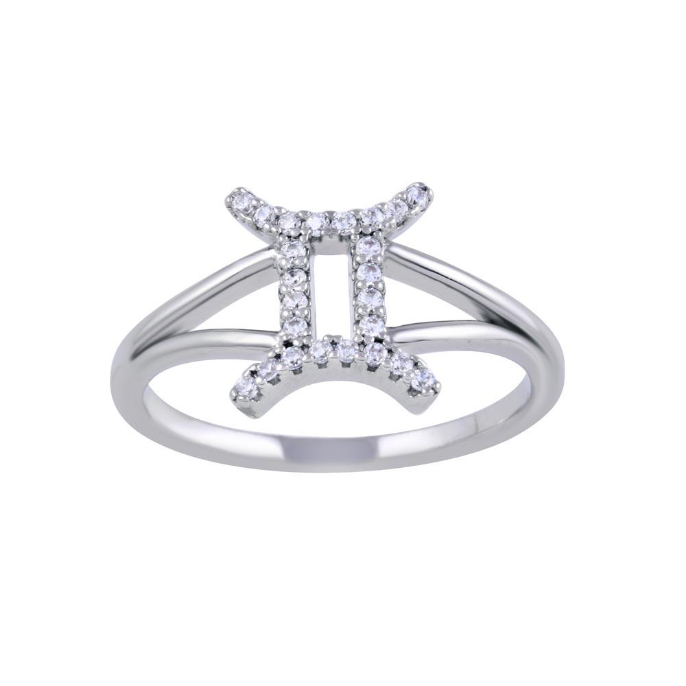 Sterling Silver Rhodium Plated Gemini CZ Zodiac Sign Ring