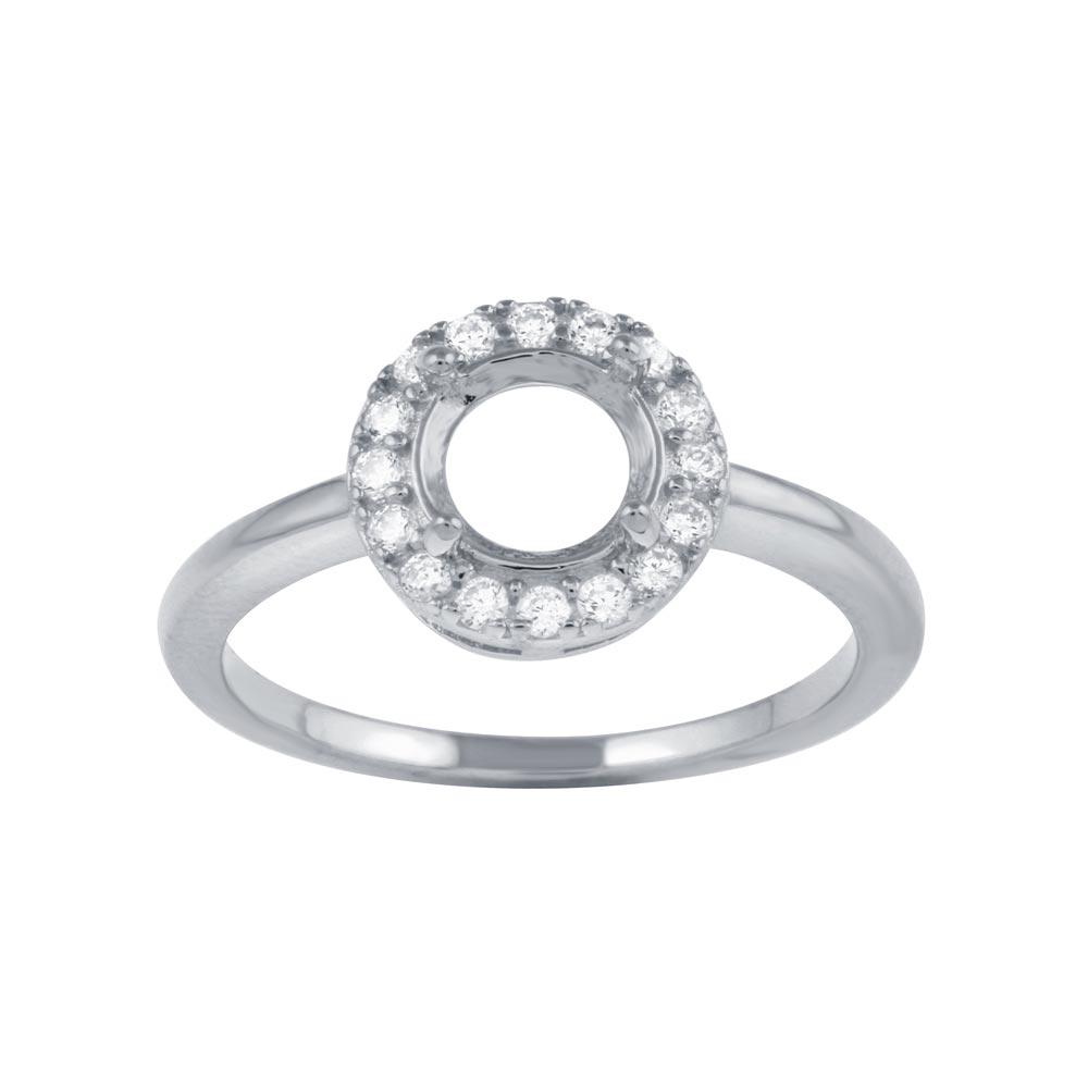 Sterling Silver Rhodium Plated Clear CZ Round Mounting Ring