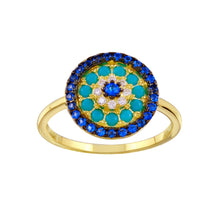 Load image into Gallery viewer, Sterling Silver Gold Plated Turquoise Blue Clear CZ Round Evil Eye Ring