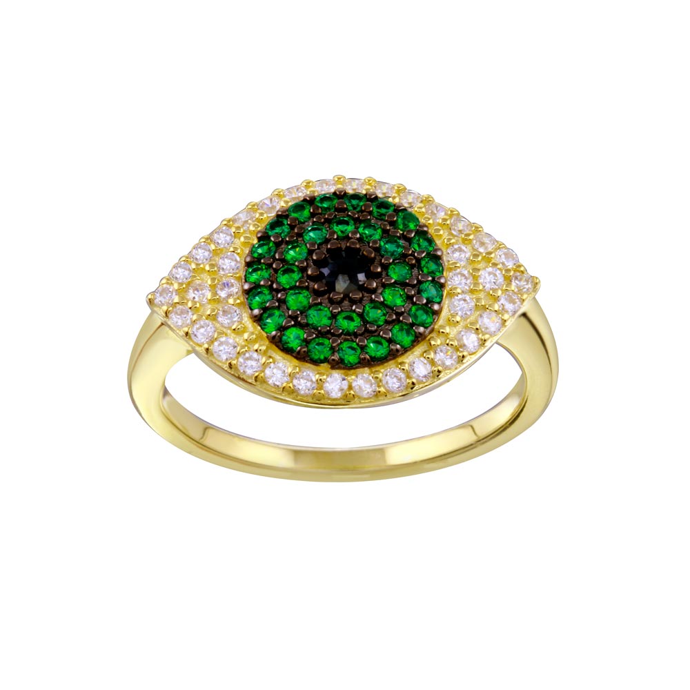 Sterling Silver Gold Plated Black Green Clear CZ Evil Eye Ring
