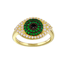Load image into Gallery viewer, Sterling Silver Gold Plated Black Green Clear CZ Evil Eye Ring
