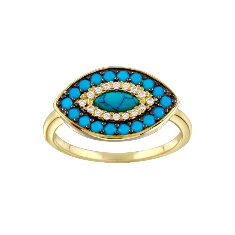Sterling Silver Gold Plated Turquoise Clear CZ Evil Eye Ring