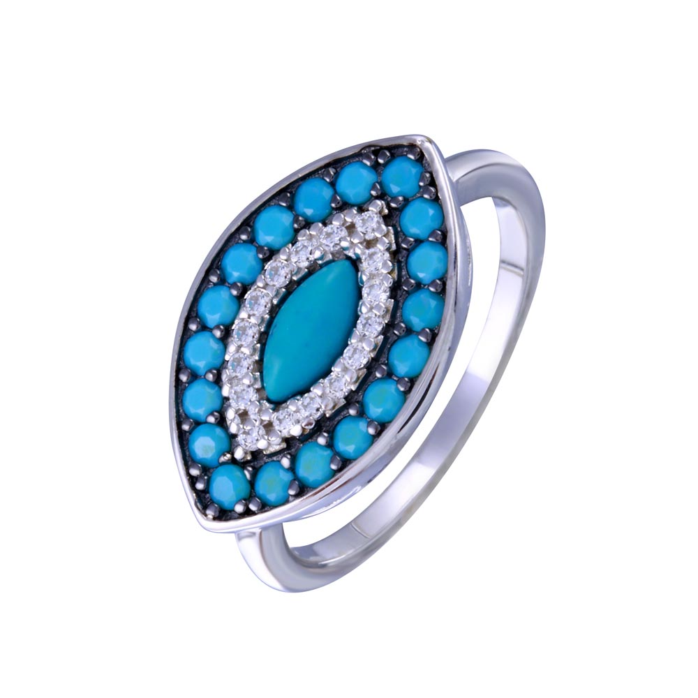 Sterling Silver Rhodium Plated Turquoise Clear CZ Evil Eye Ring