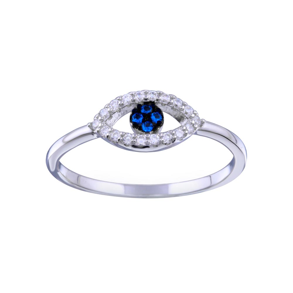 Sterling Silver Rhodium Plated Blue And Clear CZ Evil Eye Ring
