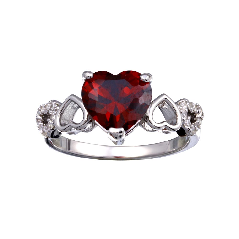 Sterling Silver Rhodium Plated Heart Red and Clear CZ With Heart Shank Ring