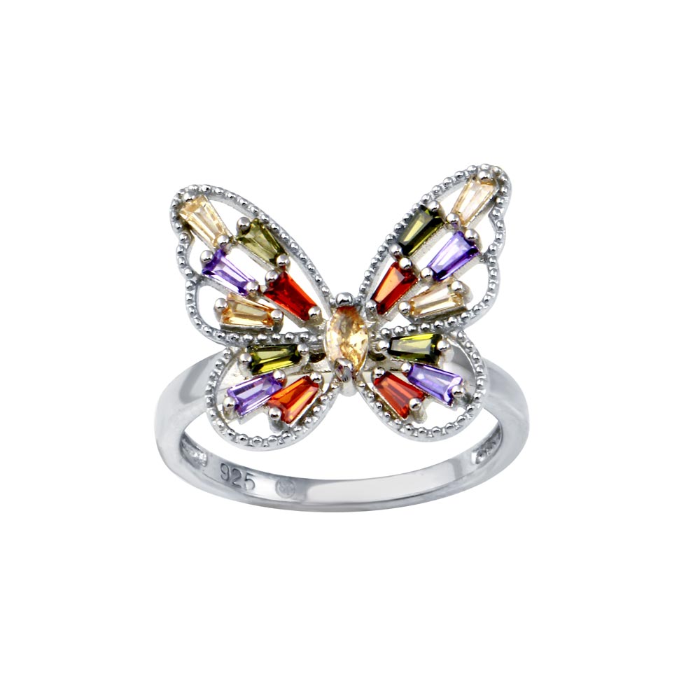 Sterling Silver Rhodium Plated Multi Color Baguette CZ Butterfly Ring