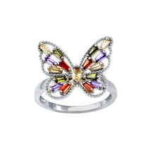 Load image into Gallery viewer, Sterling Silver Rhodium Plated Multi Color Baguette CZ Butterfly Ring