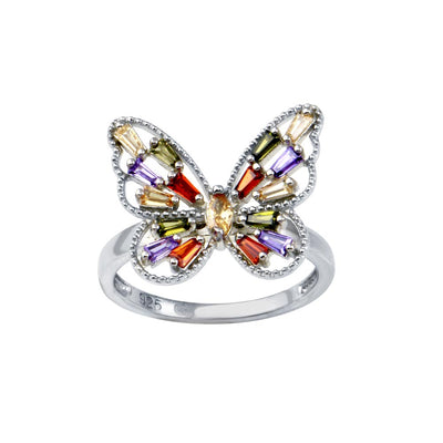 Sterling Silver Rhodium Plated Multi Color Baguette CZ Butterfly Ring
