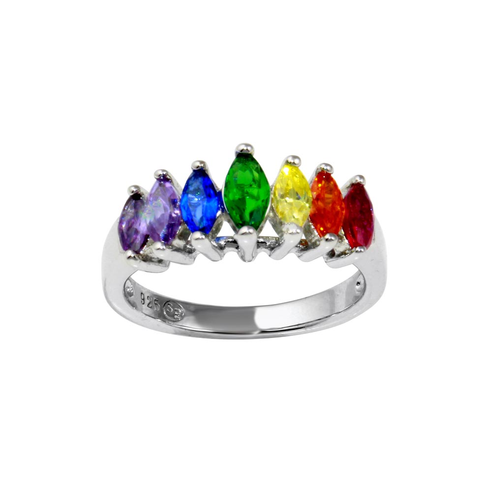 Sterling Silver Rhodium Plated Graduated Multicolor Marquise CZ Ring