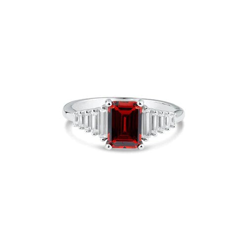 Sterling Silver Rhodium Plated Square Clear and Red CZ Ring