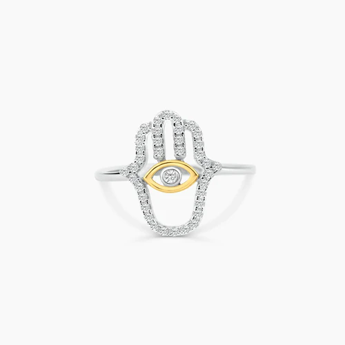 Sterling Silver Two Toned Plated Hamsa Hand Clear CZ Ring