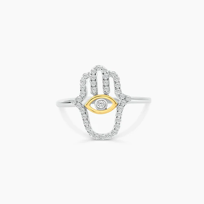 Sterling Silver Two Toned Plated Hamsa Hand Clear CZ Ring