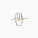 Sterling Silver Two Toned Plated Hamsa Hand Clear CZ Ring