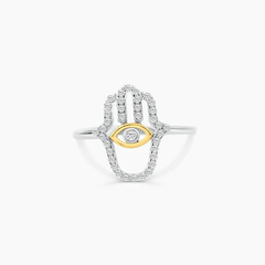 Sterling Silver Two Toned Plated Hamsa Hand Clear CZ Ring