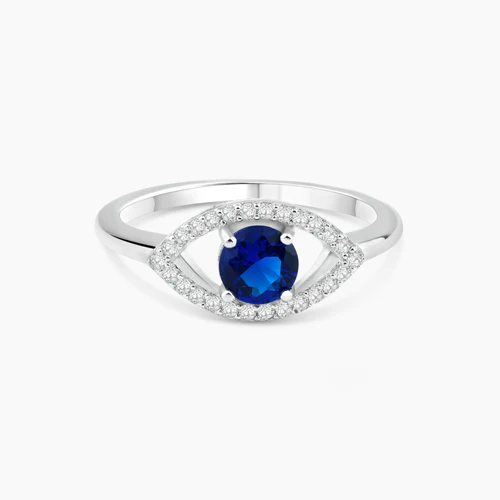 Sterling Silver Rhodium Plated Open Evil Eye Ring With Blue Center Stones