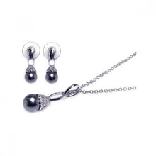 Load image into Gallery viewer, Sterling Silver Rhodium Plated Black Pearl Clear CZ Dangling Stud Earring and Dangling Necklace Set With CZ  Stones