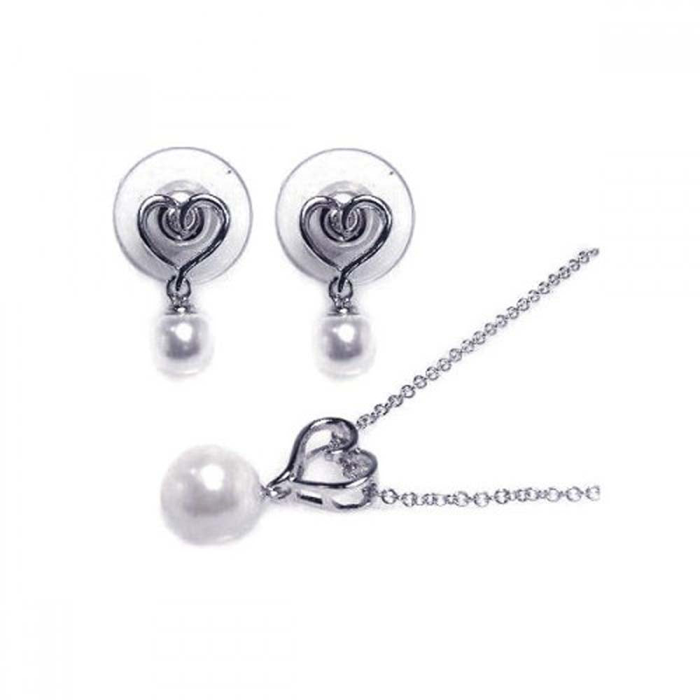 Sterling Silver Rhodium Plated White Pearl and Heart Dangling Stud Earring and Necklace Set With CZ  Stones