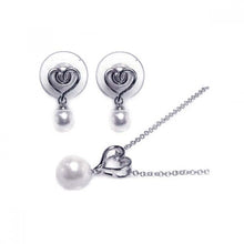 Load image into Gallery viewer, Sterling Silver Rhodium Plated White Pearl and Heart Dangling Stud Earring and Necklace Set With CZ  Stones