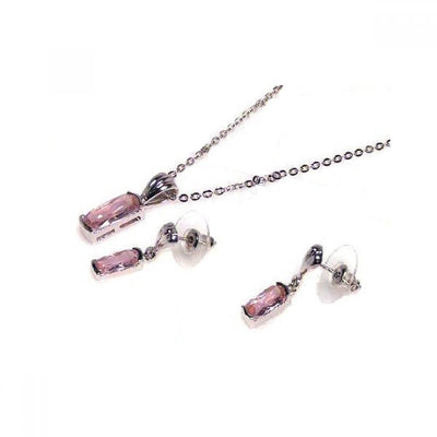 Sterling Silver Rhodium Plated Pink Baguette CZ Dangling Set