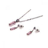 Sterling Silver Rhodium Plated Pink Baguette CZ Dangling Set