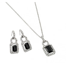 Load image into Gallery viewer, Sterling Silver Rhodium Plated Black and Clear Rectangle CZ Hook Earring and Dangling Necklace Set