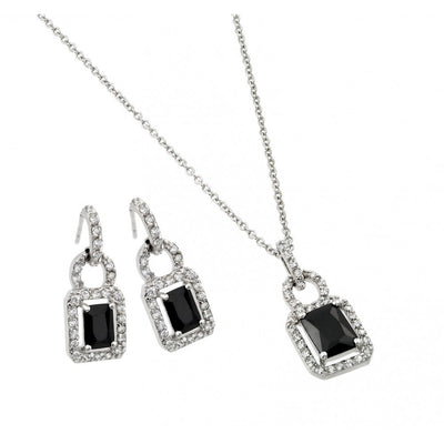 Sterling Silver Rhodium Plated Black and Clear Rectangle CZ Hook Earring and Dangling Necklace Set