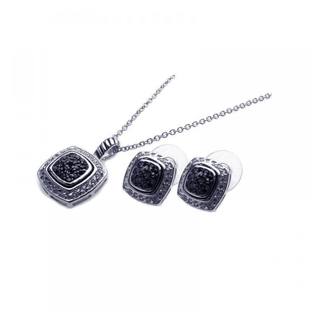 Sterling Silver Rhodium Plated Black And Clear Square CZ Set
