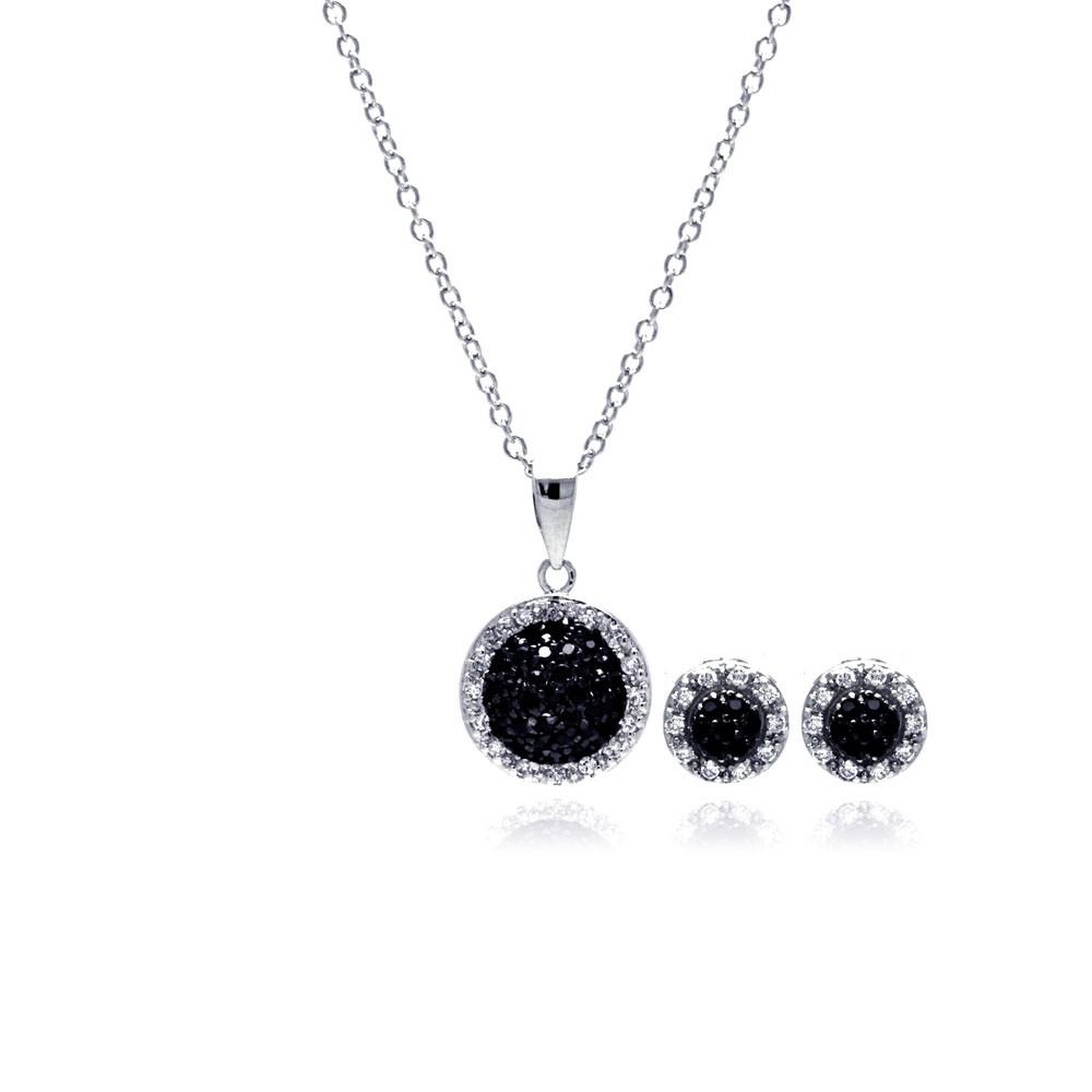 Sterling Silver Rhodium and Black Plated Clear And Black Round Circle CZ Set