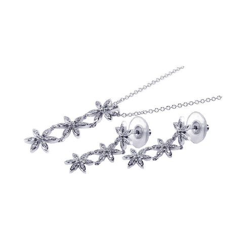 Sterling Silver Rhodium Plated Clear Flower CZ Dangling Stud Earring and Dangling Necklace Set