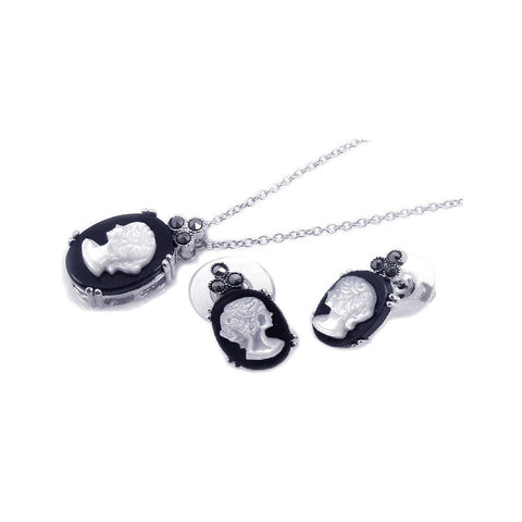 Sterling Silver Rhodium Plated Pearl Woman Lady Figure Black Onyx Black CZ Set