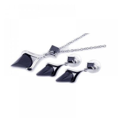 Sterling Silver Rhodium Plated Black Square Pointed CZ Dangling Set
