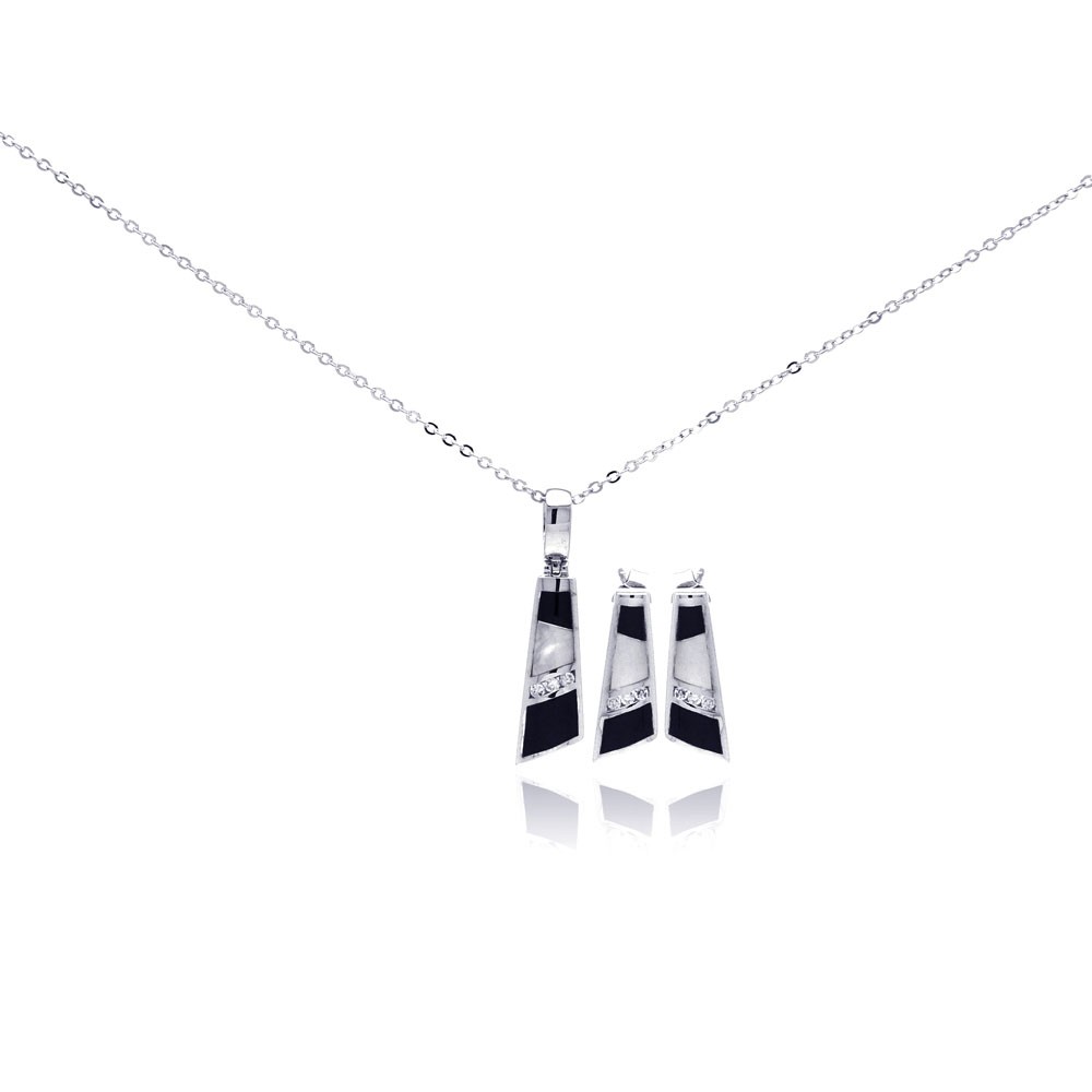 Sterling Silver Rhodium Plated Mother of Pearl Black Onyx Clear Geometric CZ Set